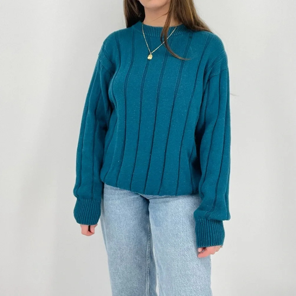 vintage retro slouchy ribbed ramie cotton blend crewneck sweater turquoise blue - Picture 5 of 6